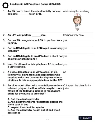 2022-2023 ATI Leadership Proctored Focus Practice Exam with Answers (63 Solved Questions) - Page 1 preview image