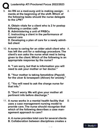 2022-2023 ATI Leadership Proctored Focus Practice Exam with Answers (63 Solved Questions) - Page 3 preview image
