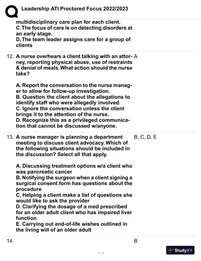 2022-2023 ATI Leadership Proctored Focus Practice Exam with Answers (63 Solved Questions) - Page 4 preview image