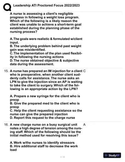 2022-2023 ATI Leadership Proctored Focus Practice Exam with Answers (63 Solved Questions) - Page 5 preview image