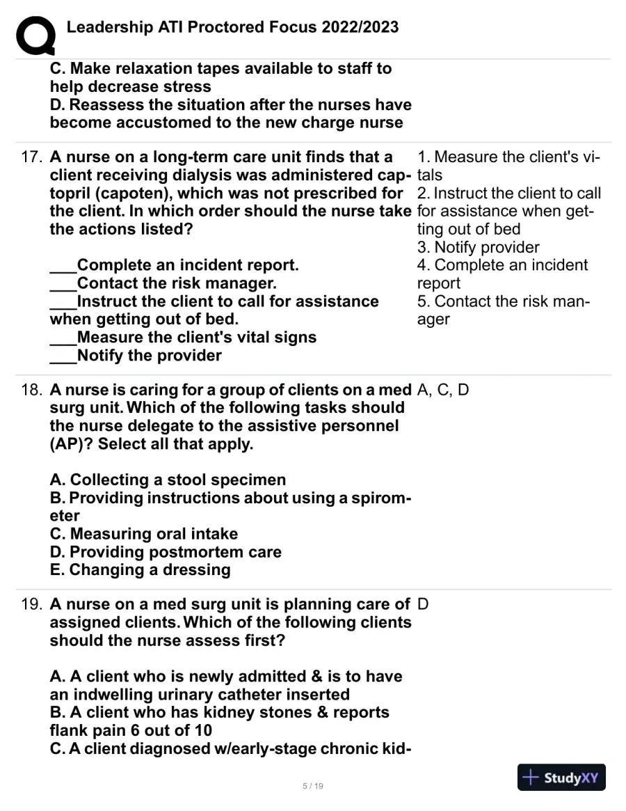 2022-2023 ATI Leadership Proctored Focus Practice Exam with Answers (63 Solved Questions), page 6