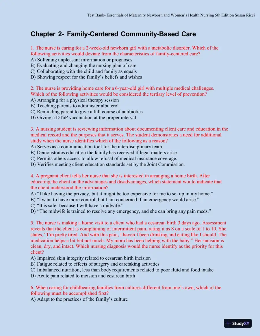 Test bank for Essentials of Maternity, Newborn, and Women's Health, 5th Edition (Chapters 1-51), page 10