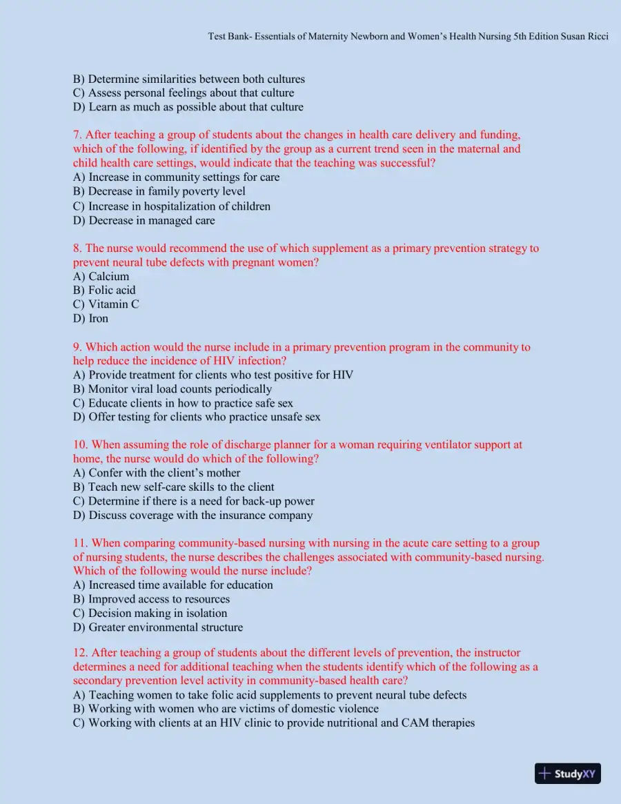 Test bank for Essentials of Maternity, Newborn, and Women's Health, 5th Edition (Chapters 1-51), page 11