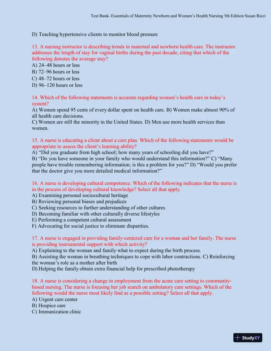 Test bank for Essentials of Maternity, Newborn, and Women's Health, 5th Edition (Chapters 1-51), page 12