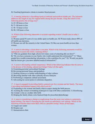 Test bank for Essentials of Maternity, Newborn, and Women's Health, 5th Edition (Chapters 1-51) - Page 12 preview image