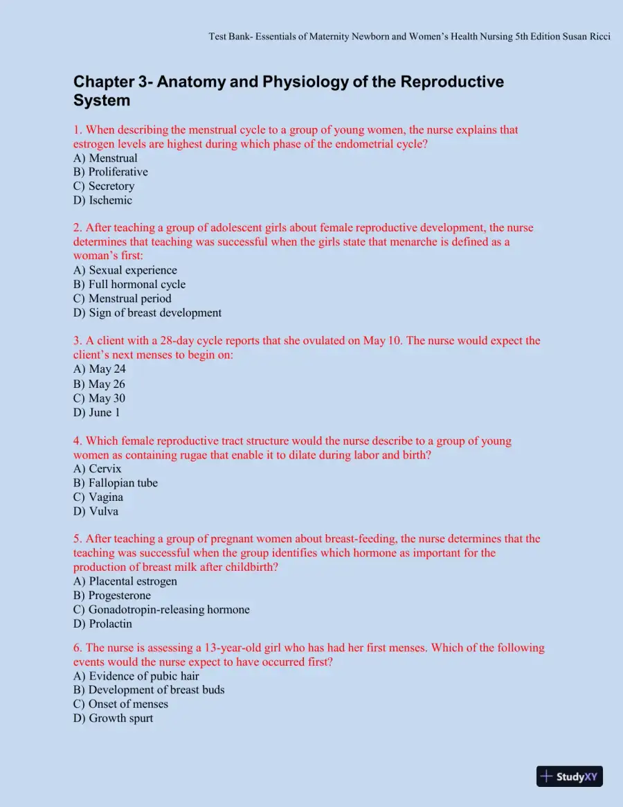 Test bank for Essentials of Maternity, Newborn, and Women's Health, 5th Edition (Chapters 1-51), page 15