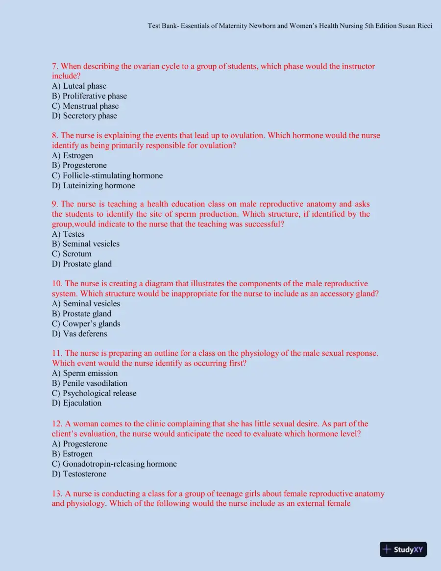 Test bank for Essentials of Maternity, Newborn, and Women's Health, 5th Edition (Chapters 1-51), page 16