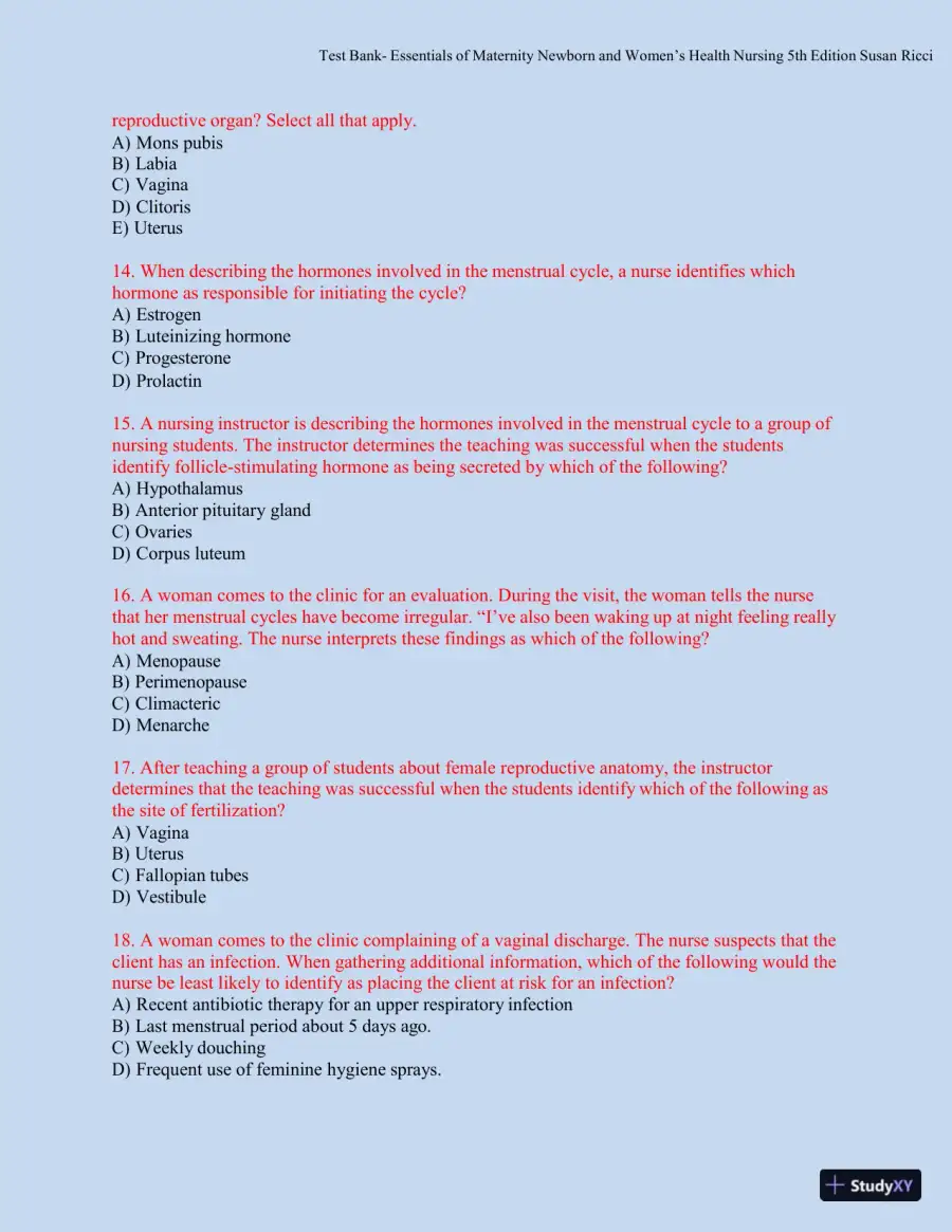 Test bank for Essentials of Maternity, Newborn, and Women's Health, 5th Edition (Chapters 1-51), page 17