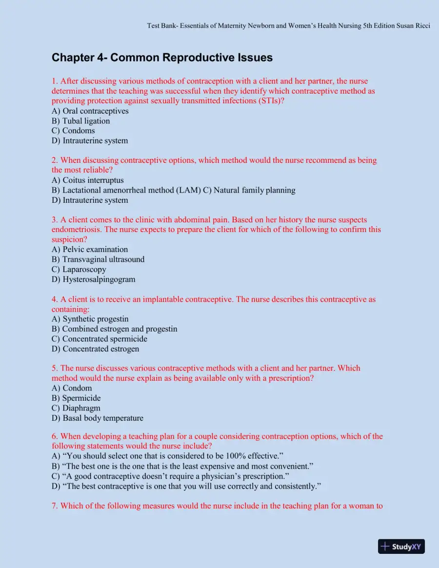 Test bank for Essentials of Maternity, Newborn, and Women's Health, 5th Edition (Chapters 1-51), page 20