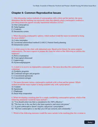 Test bank for Essentials of Maternity, Newborn, and Women's Health, 5th Edition (Chapters 1-51) - Page 20 preview image