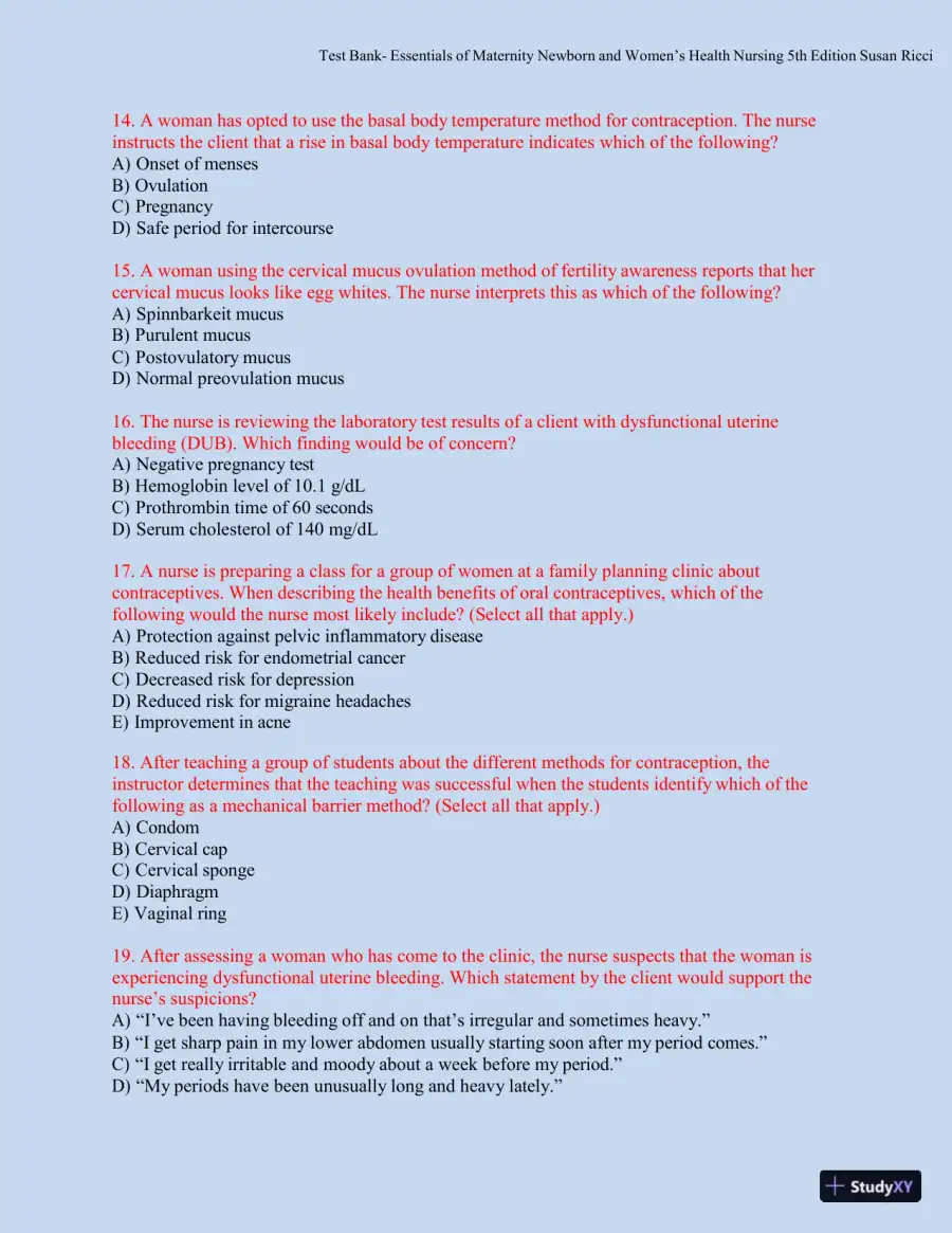 Test bank for Essentials of Maternity, Newborn, and Women's Health, 5th Edition (Chapters 1-51), page 22