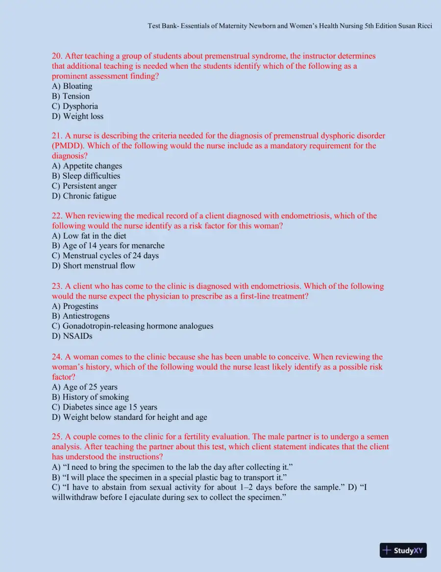 Test bank for Essentials of Maternity, Newborn, and Women's Health, 5th Edition (Chapters 1-51), page 23