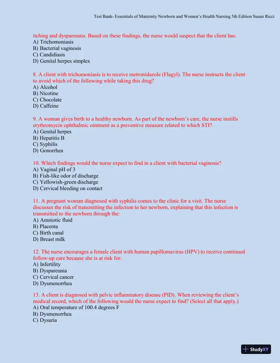 Test bank for Essentials of Maternity, Newborn, and Women's Health, 5th Edition (Chapters 1-51), page 26