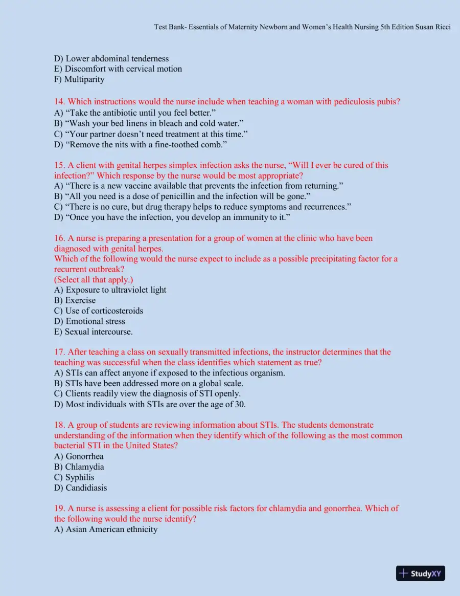 Test bank for Essentials of Maternity, Newborn, and Women's Health, 5th Edition (Chapters 1-51), page 27
