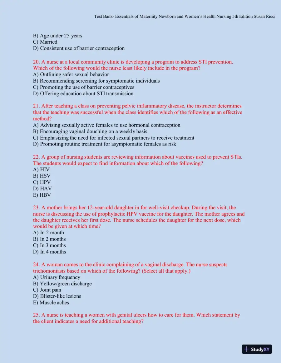 Test bank for Essentials of Maternity, Newborn, and Women's Health, 5th Edition (Chapters 1-51), page 28