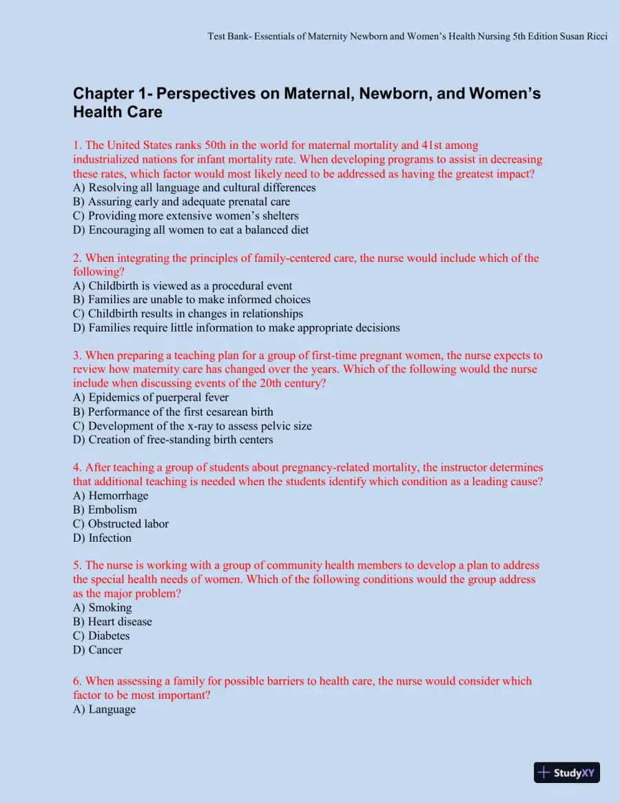 Test bank for Essentials of Maternity, Newborn, and Women's Health, 5th Edition (Chapters 1-51), page 5