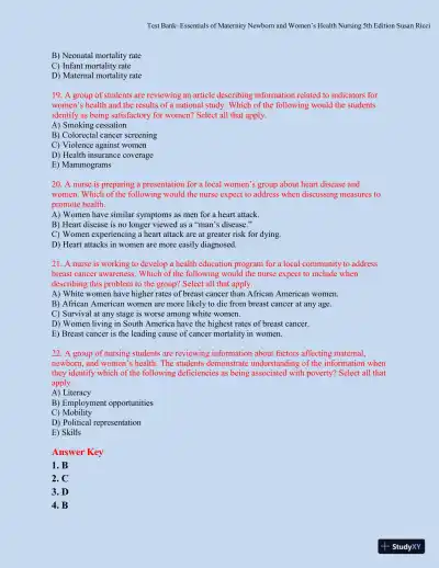 Test bank for Essentials of Maternity, Newborn, and Women's Health, 5th Edition (Chapters 1-51) - Page 8 preview image