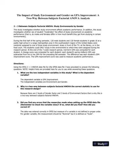 The Impact of Study Environment and Gender on GPA Improvement: A Two-Way Between-Subjects Factorial ANOVA Analysis - Page 1 preview image