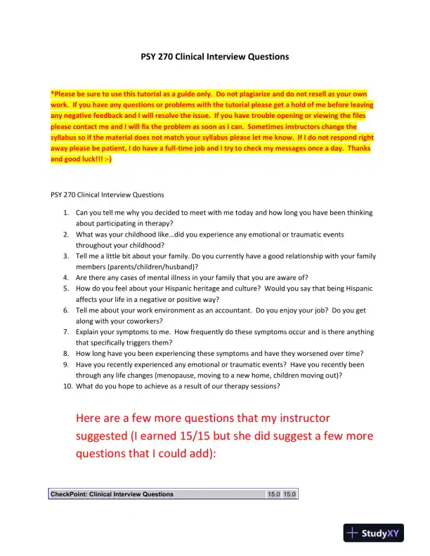 PSY 270 Clinical Interview Questions - Page 1 preview image