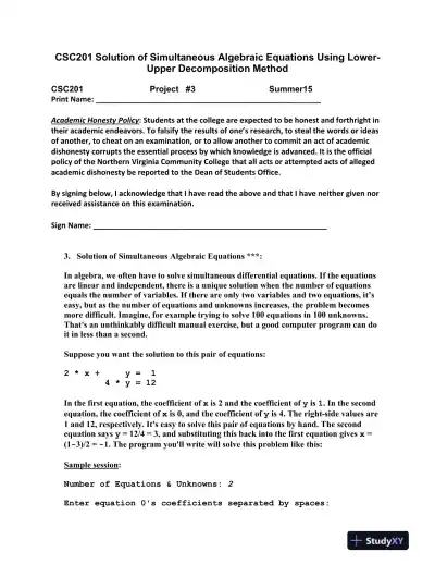 CSC201 Solution of Simultaneous Algebraic Equations Using Lower-Upper Decomposition Method - Page 1 preview image