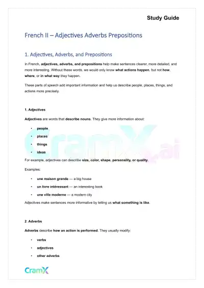 French II – Adjectives Adverbs Prepositions - Page 1 preview image