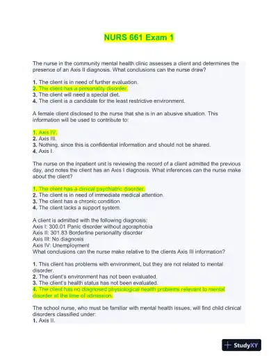 NURS661 Mental Health Practice Exam With Answers (188 Solved Questions) - Page 1 preview image