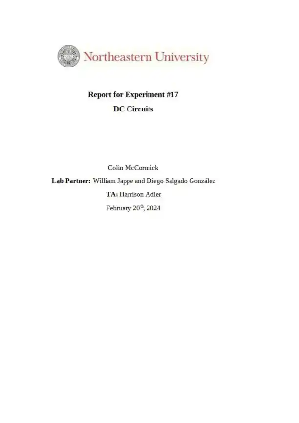 Experiment #17 DC Circuits Colin McCormick - Page 1 preview image