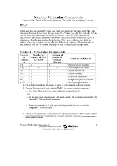 Naming Molecular Compounds - Page 1 preview image