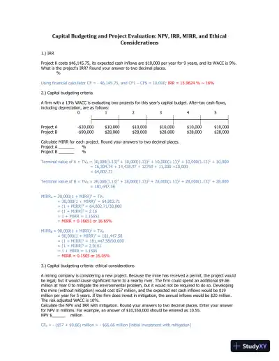 Capital Budgeting And Project Evaluation: NPV, IRR, MIRR, And Ethical Considerations - Page 1 preview image