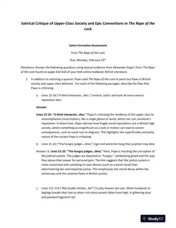 Satirical Critique of Upper-Class Society and Epic Conventions in The Rape of the Lock - Page 1 preview image