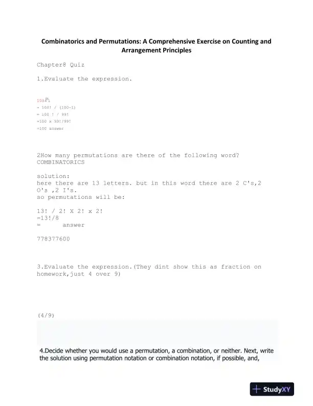 Combinatorics and Permutations: A Comprehensive Exercise on Counting and Arrangement Principles - Page 1 preview image
