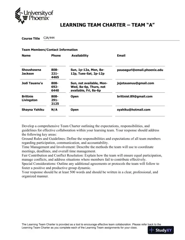University of Phoenix Learning Team Charter � Team �A� - Page 1 preview image