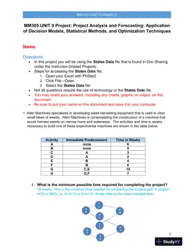MM305 UNIT 9 Project: Project Analysis and Forecasting: Application of Decision Models, Statistical Methods, and Optimization Techniques - Page 1 preview image