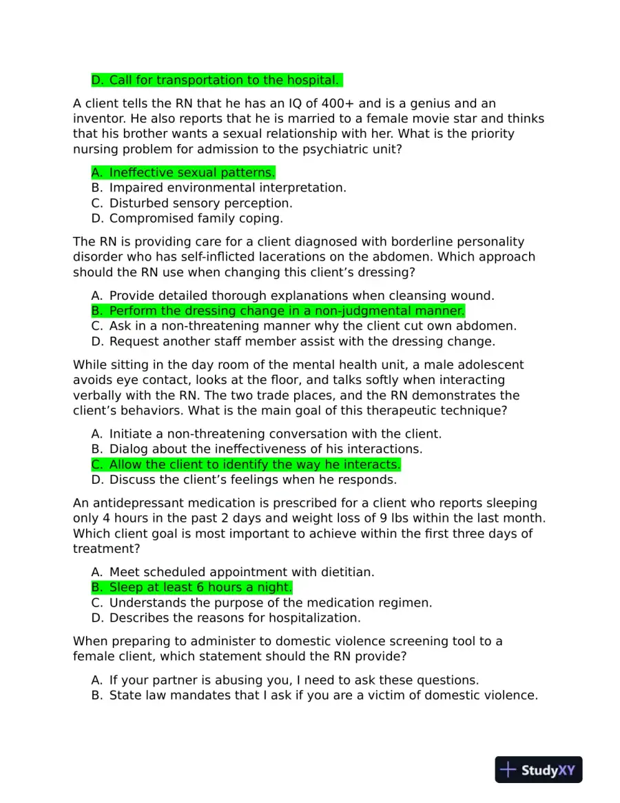 2019 ATI RN Mental Health Test Bank Version 1 to Version 3 With Answers (361 Solved Questions), page 15