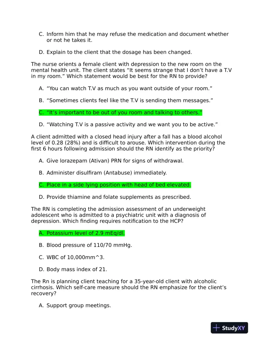 2019 ATI RN Mental Health Test Bank Version 1 to Version 3 With Answers (361 Solved Questions), page 9