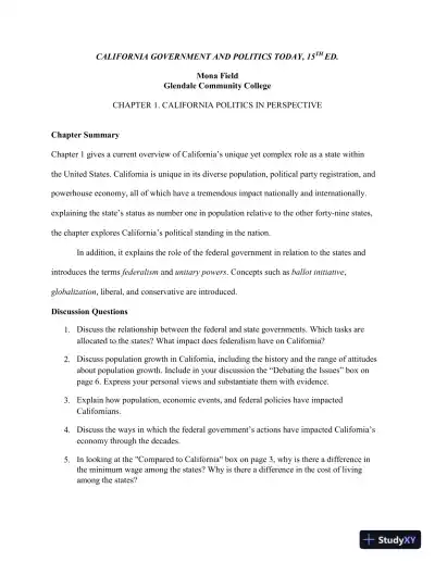 Test Bank for California Government and Politics Today, 15th Edition - Page 1 preview image