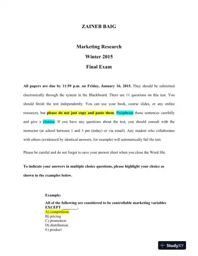 Marketing Research Final Exam - Page 1 preview image