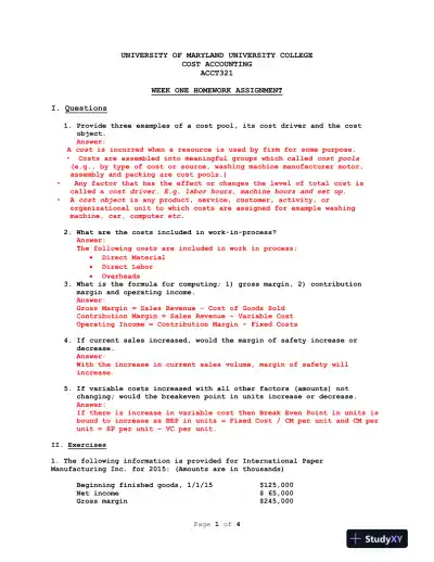 ACCT321 COST ACCOUNTING UNIVERSITY OF MARYLAND UNIVERSITY COLLEGE - Page 1 preview image