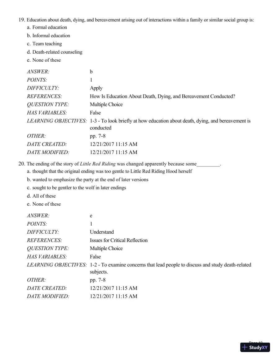 Test Bank For Death and Dying, Life and Living , 8th Edition, page 11