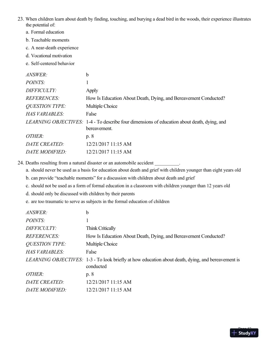 Test Bank For Death and Dying, Life and Living , 8th Edition, page 13