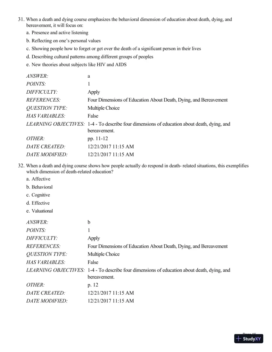 Test Bank For Death and Dying, Life and Living , 8th Edition, page 17