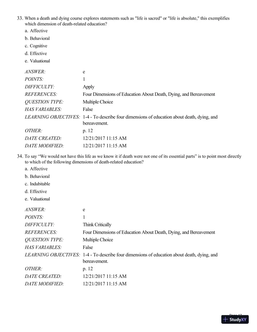 Test Bank For Death and Dying, Life and Living , 8th Edition, page 18