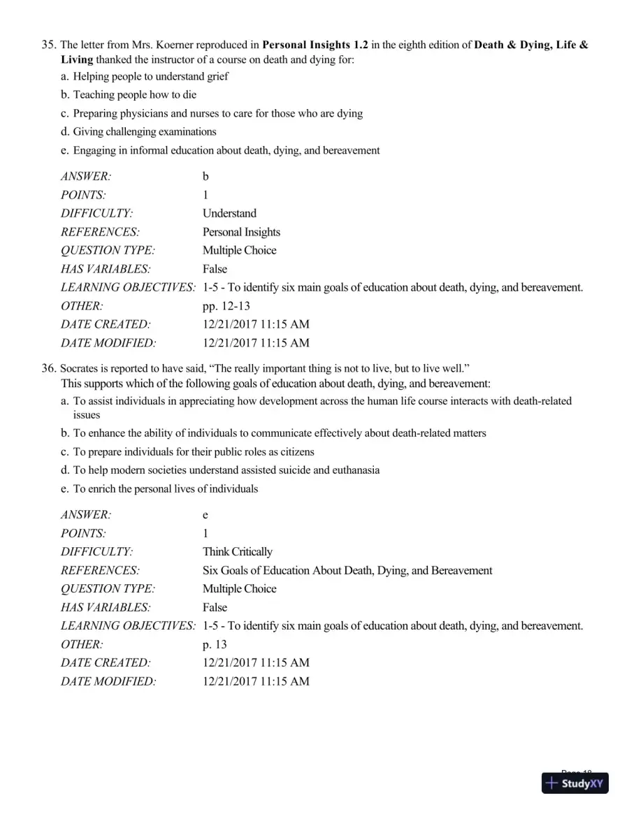 Test Bank For Death and Dying, Life and Living , 8th Edition, page 19