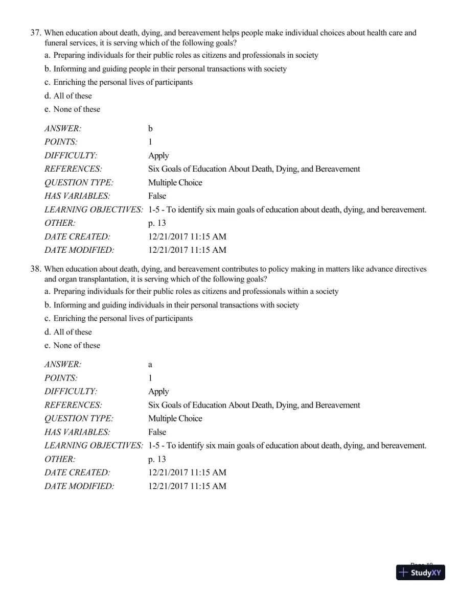 Test Bank For Death and Dying, Life and Living , 8th Edition, page 20