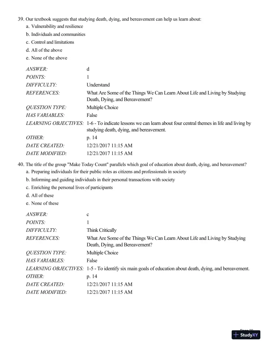 Test Bank For Death and Dying, Life and Living , 8th Edition, page 21