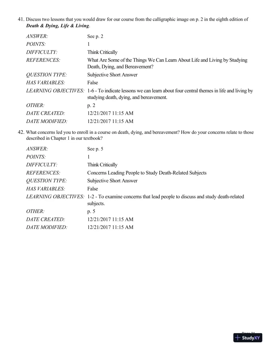 Test Bank For Death and Dying, Life and Living , 8th Edition, page 22