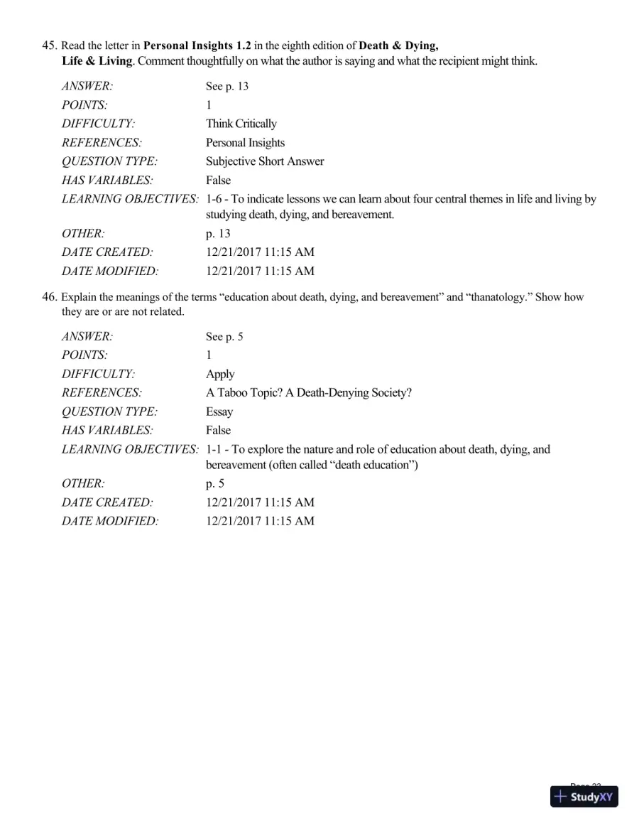 Test Bank For Death and Dying, Life and Living , 8th Edition, page 24