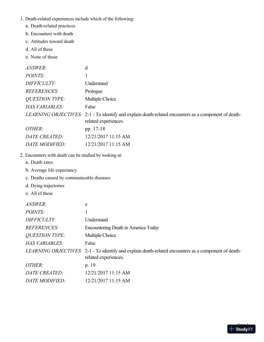 Test Bank For Death and Dying, Life and Living , 8th Edition, page 27