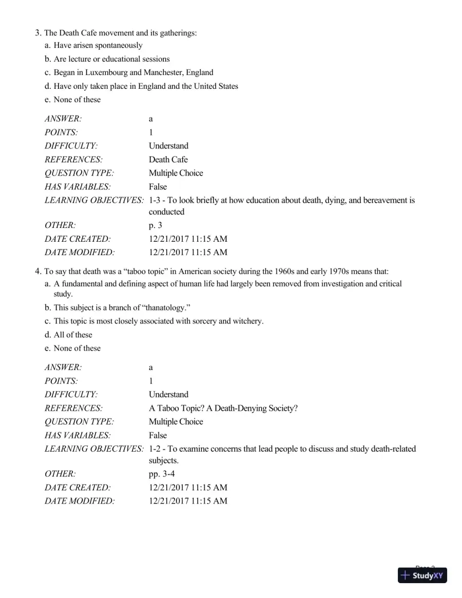 Test Bank For Death and Dying, Life and Living , 8th Edition, page 3