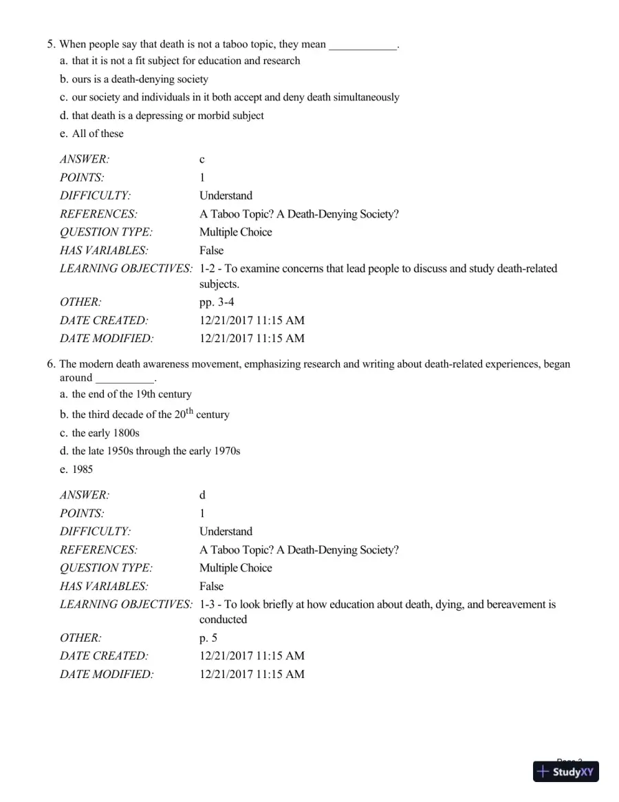 Test Bank For Death and Dying, Life and Living , 8th Edition, page 4
